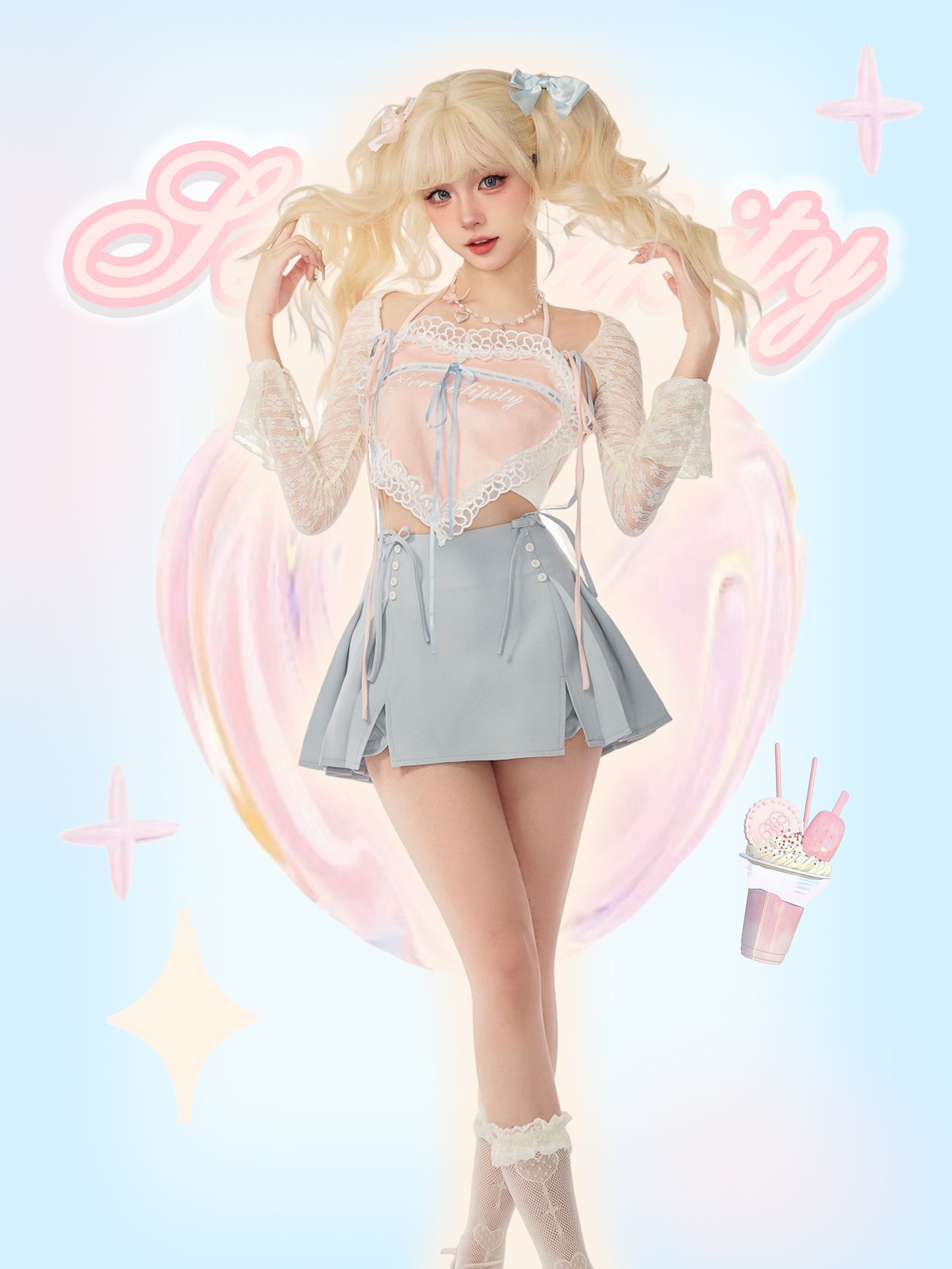 Serendipity Coquette Sheer Cardigan & Pink Heart Camisole & Blue Ribbon Mini Skirt Three Piece Set