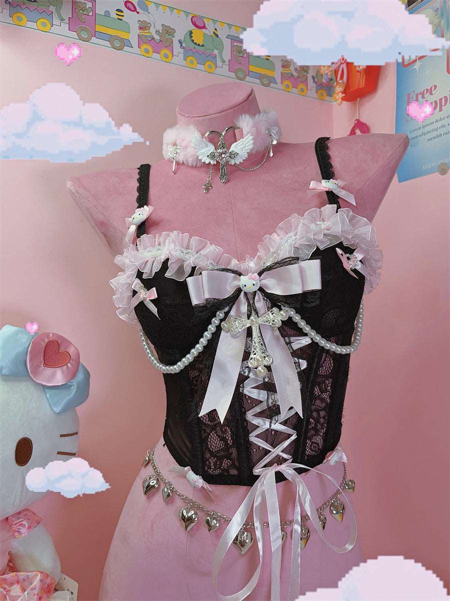 Coquette Sexy Y2K Bow Kitty Lace White Pink Black Camisole Bra Lingerie Skirt