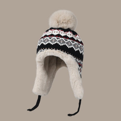 Cute Patterns Sweet Woolen Knit Plush Velvet Thick Warm Winter Trapper Hat