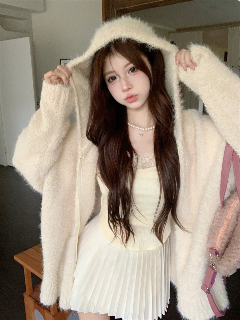 Lazy Girl Milky White Winter Camisole & Pleated Skirt & Zip Up Hooded Sweater Jacket Three Piece Set