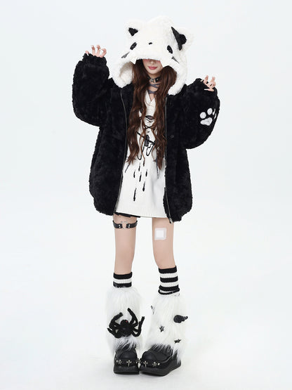 Crazy Girl Plush Party Cat Ears Black White Winter Jacket