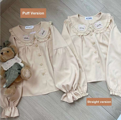 Bear Embroidery Lace Cotton Doll Collar Pink Shirt Blouse