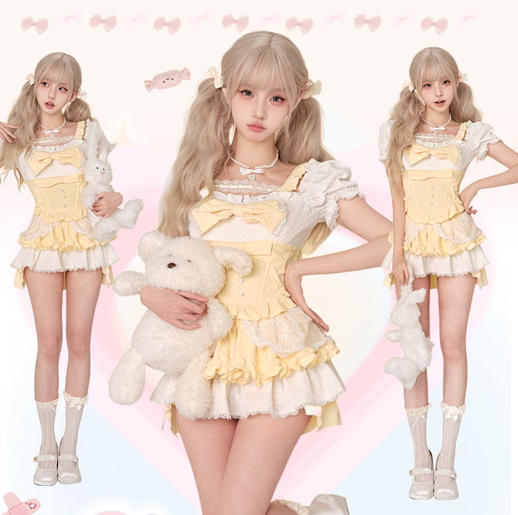 Serendipity Yellow Custard Puff Sleeve Top & Skirt Two Piece Set