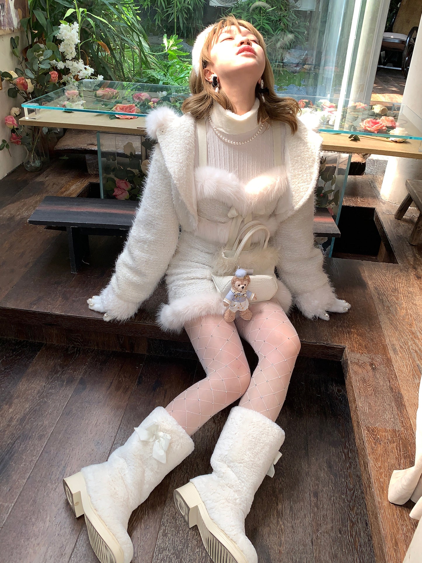 Picnic Girl Winter Milky White Fur Jacket Sweater Skirt Three Piece Set