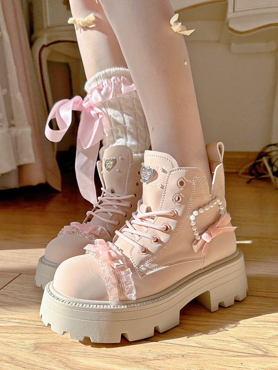 Pinky Sweet Knight Bow Pearl Light Pink Winter Snow Boots Shoes