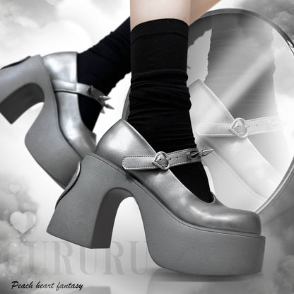 Gururu Heart Fantasy Punk Goth Y2K Mary Jane Platform High Heels Shoes