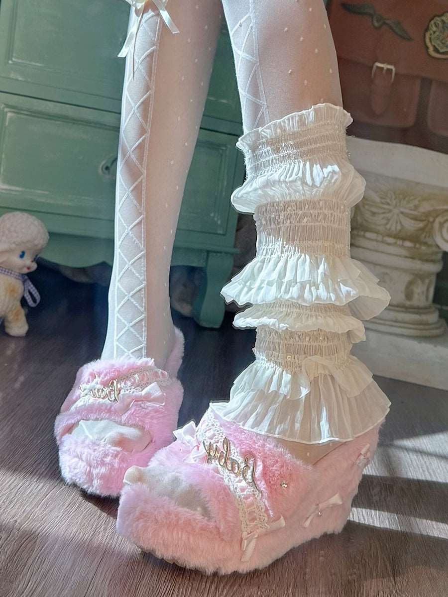 Coquette Princess Pink Bow Plush Lace High Heels Shoes