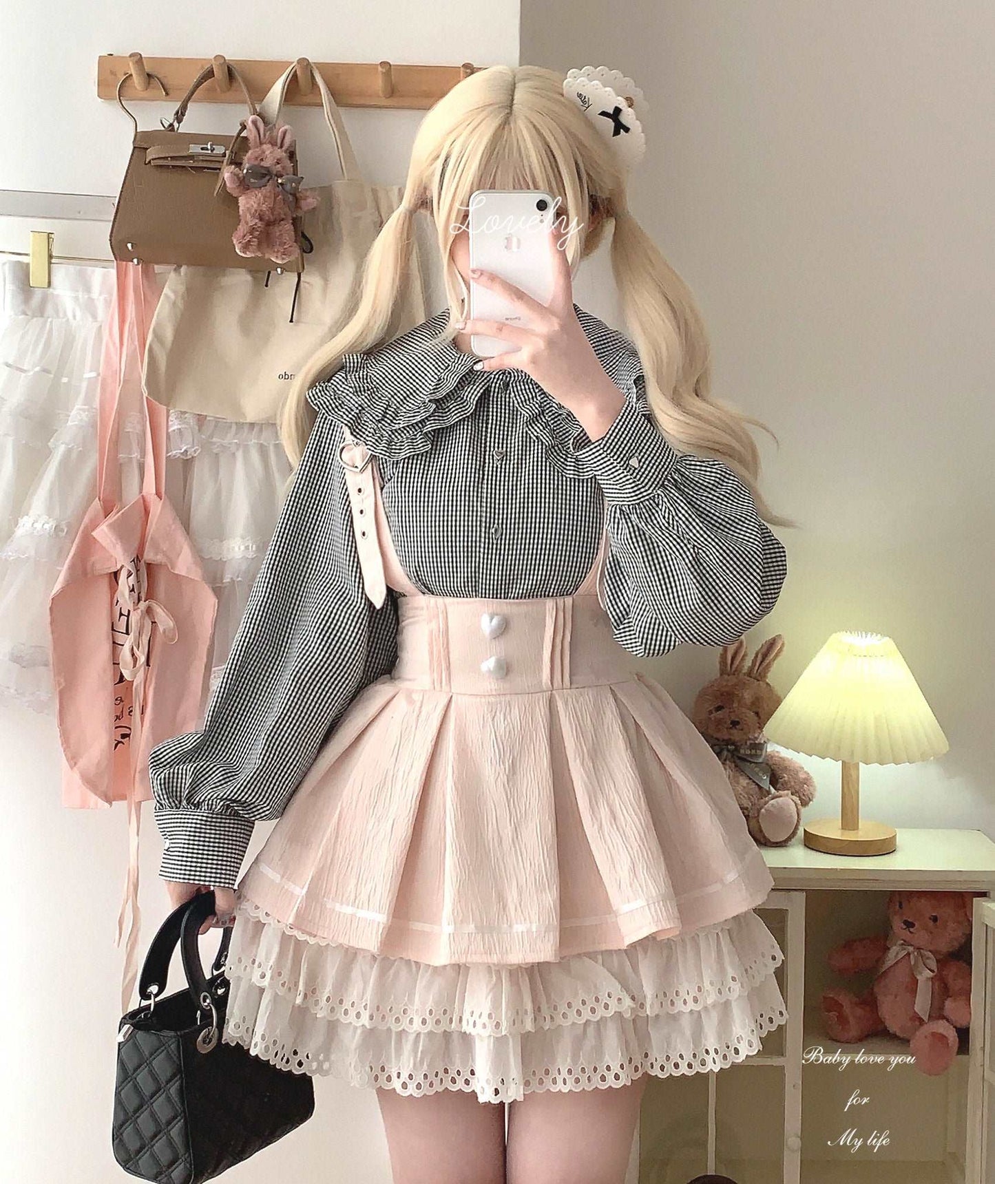 Dormir Doll Love Heart Buttons Black Pink Blue Lace Ruffled Suspender Skirt