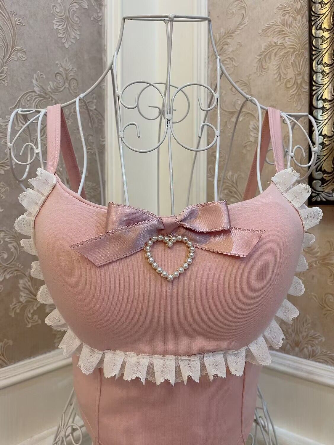Sweetheart Princess Lace Frills Pink White Camisole Top