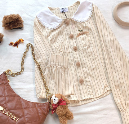 Dormir Doll Dachshund Puppy Bengal Stripe Doll Collar Cream Pink Shirt & Brown Shorts Two Piece Set