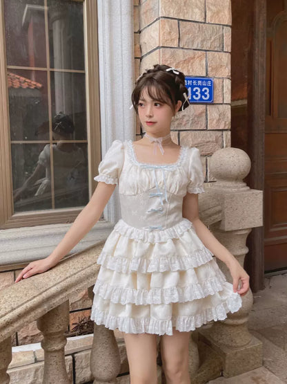 Ruellia Cream Cake Ruffled Puff Sleeve Dress