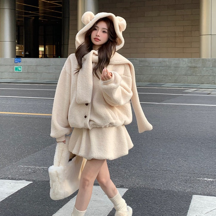 Cute Fall Winter White & Brown Bear Ears Hooded Jacket Skirt Two Piece Set