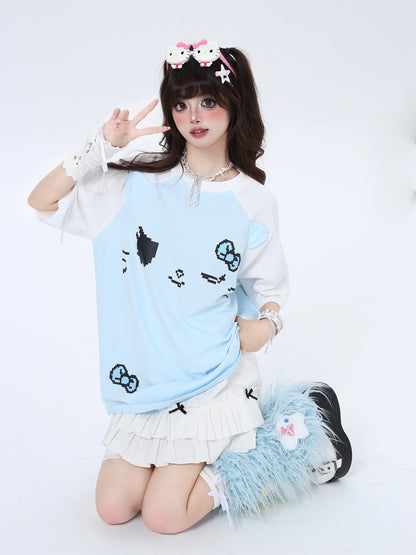 Crazy Girl Pixel Wink Kitty Pink Blue Black Oversize T-Shirt