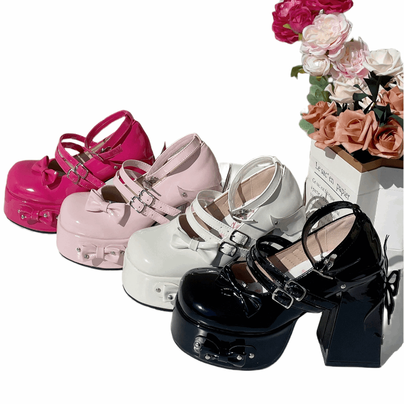 Butterfly Bow Buckle Strap Black White Pink Hot Pink Lolita Platform High Heels Shoes