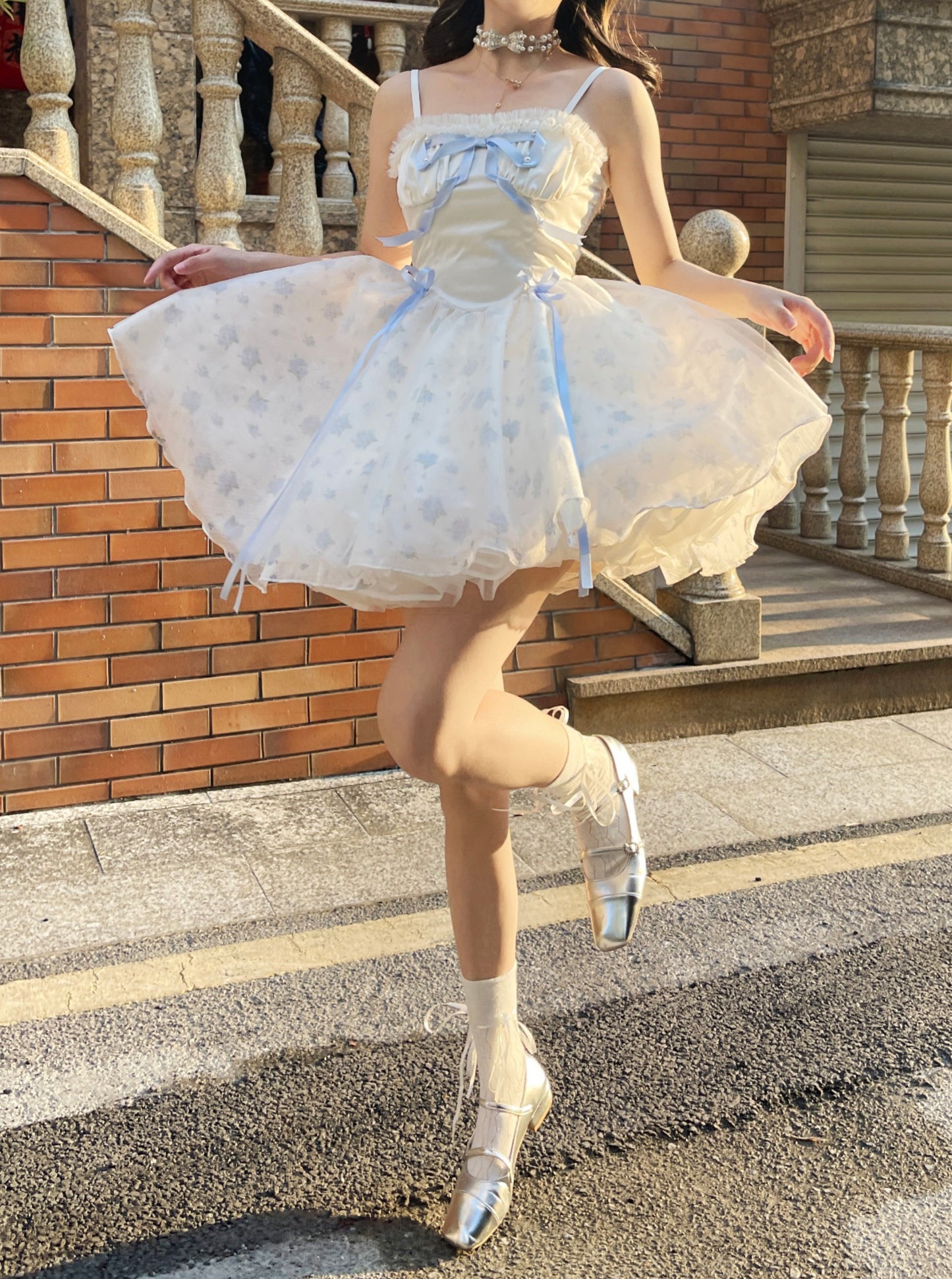 Ruellia Rococo Girl Blue Floral White Strap Dress