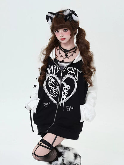 Crazy Girl Dark Lace Black White Raglan Jacket Hoodie