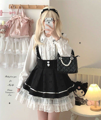 Dormir Doll Love Heart Buttons Black Pink Blue Lace Ruffled Suspender Skirt