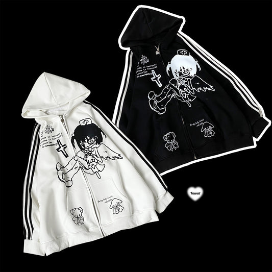 Kitten Bullet Hospital Doll White Black Zipped Up Hoodie