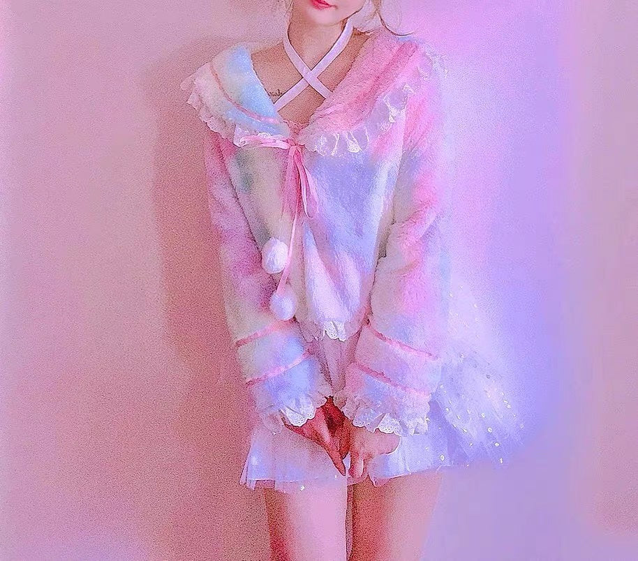 Candy Fairy Sweet Rainbow Gradient Sailor Collar Ruffled Winter Jacket