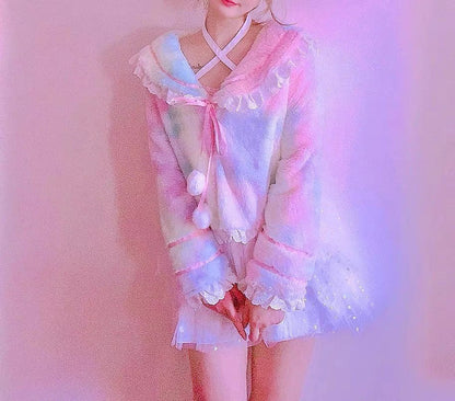 Candy Fairy Sweet Rainbow Gradient Sailor Collar Ruffled Winter Jacket