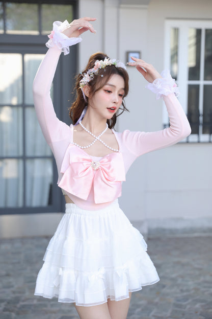 Sweetheart Princess Halter Neck Bow Pink White Black Knit Sweater Top