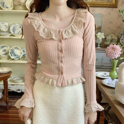 Coquette Vintage Cottagecore Frill Ruffled Lace Collar Cream Pink Top Shirt