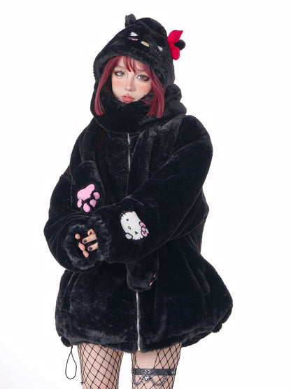 Young Eyes Kitty Cartoon Fall Winter Detachable Hat Plush Jacket