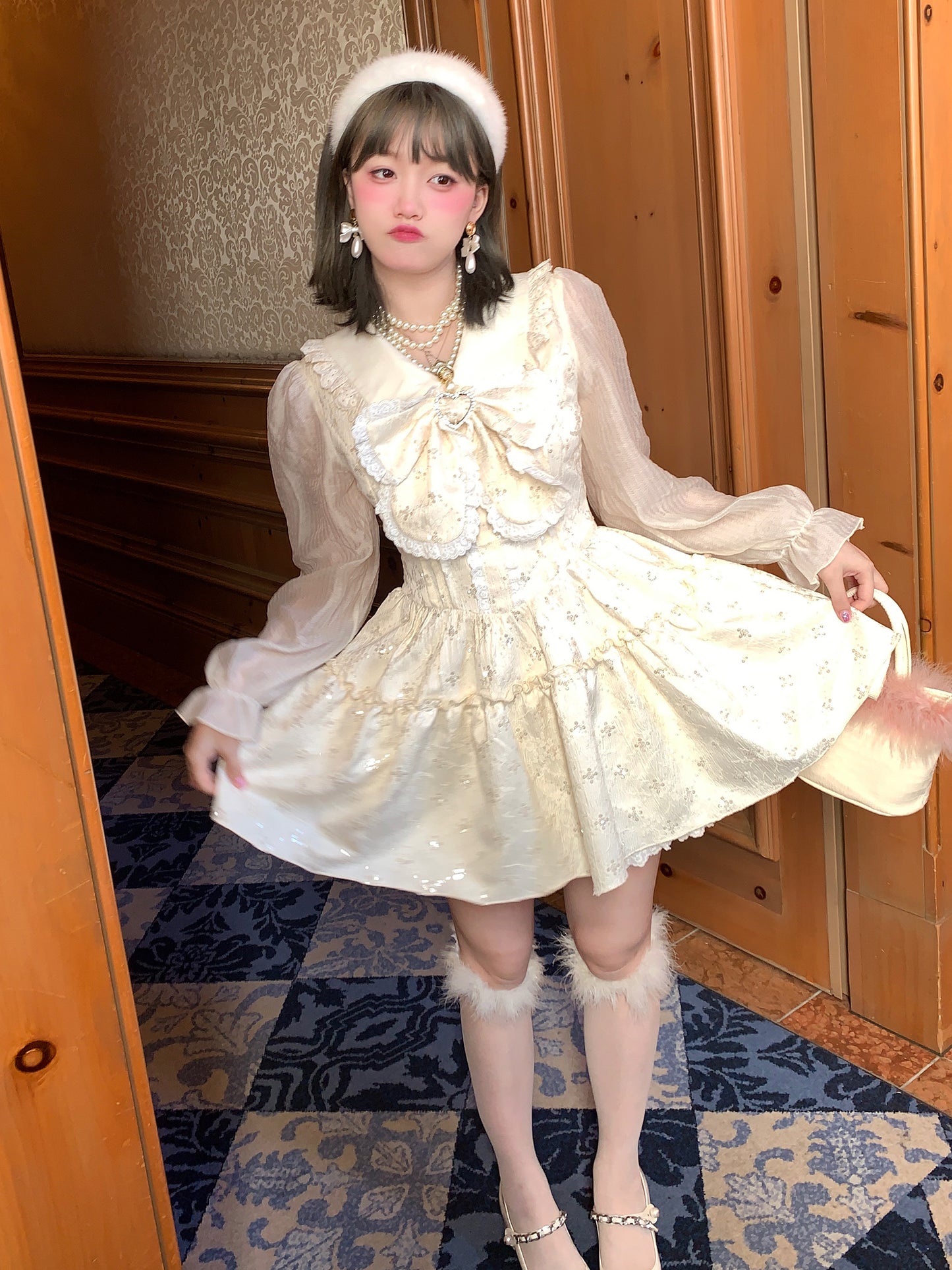 Picnic Girl Cream White Elegant Sequin Sailor Collar Long Sleeve Dress