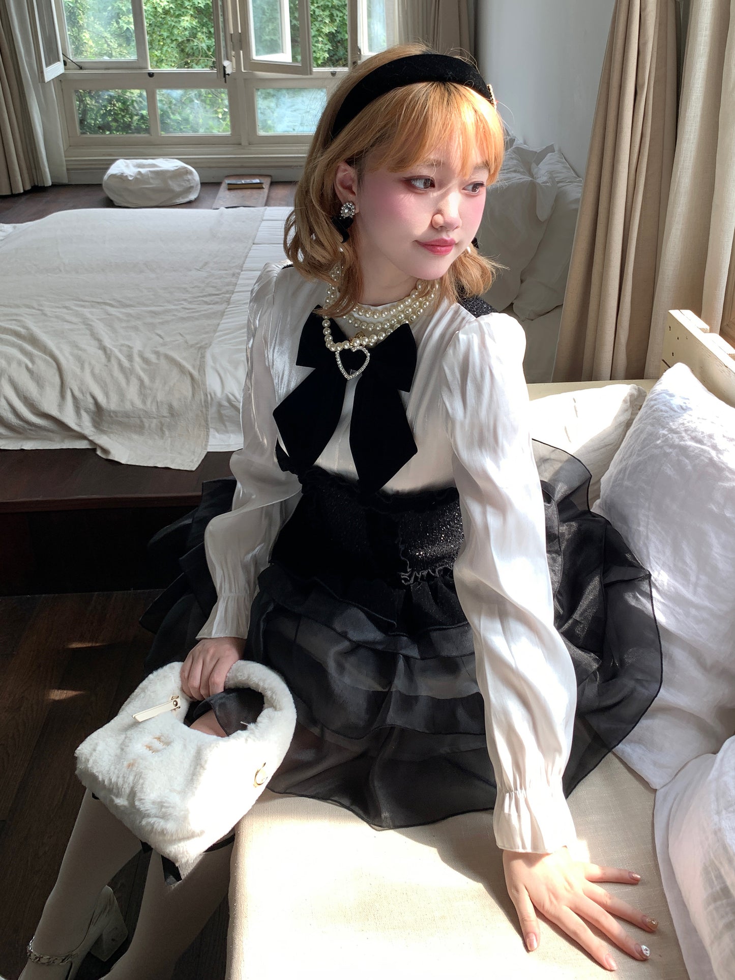 Picnic Girl Black White High Waist Long Sleeve Ruffled Cake Dress