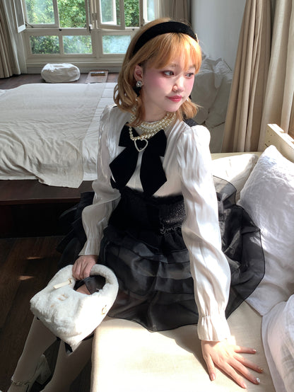 Picnic Girl Black White High Waist Long Sleeve Ruffled Cake Dress