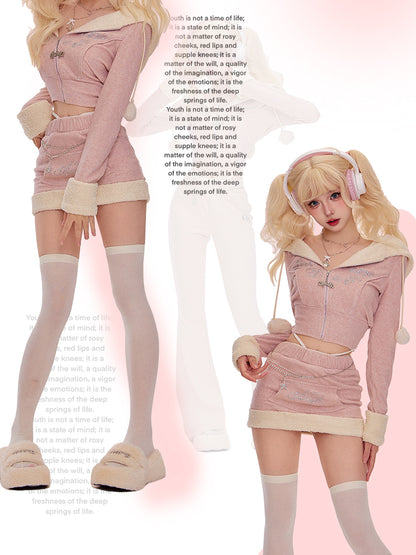 Serendipity Autumn Pink Sheep Ears Hooded Jacket Zip Up Hoodie & Mini Skirt Two Piece Set