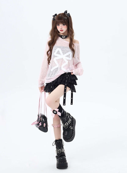 Crazy Girl Bow Black Pink Sheer Sweater