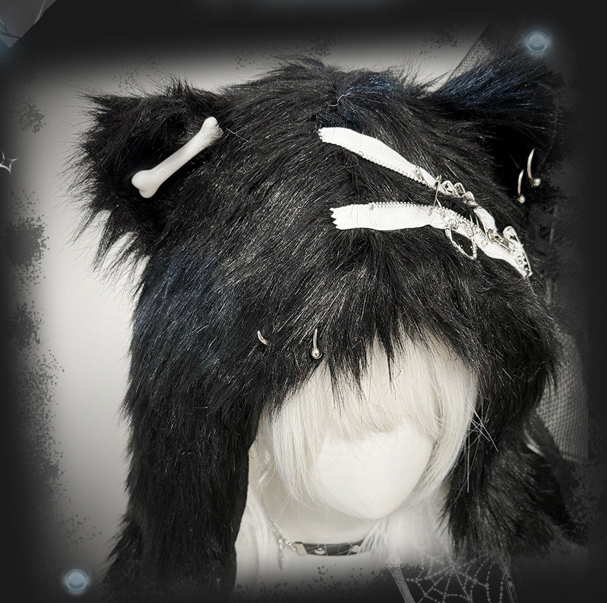 Bony Punk Y2K Black White Fuzzy Cat Ears Hats