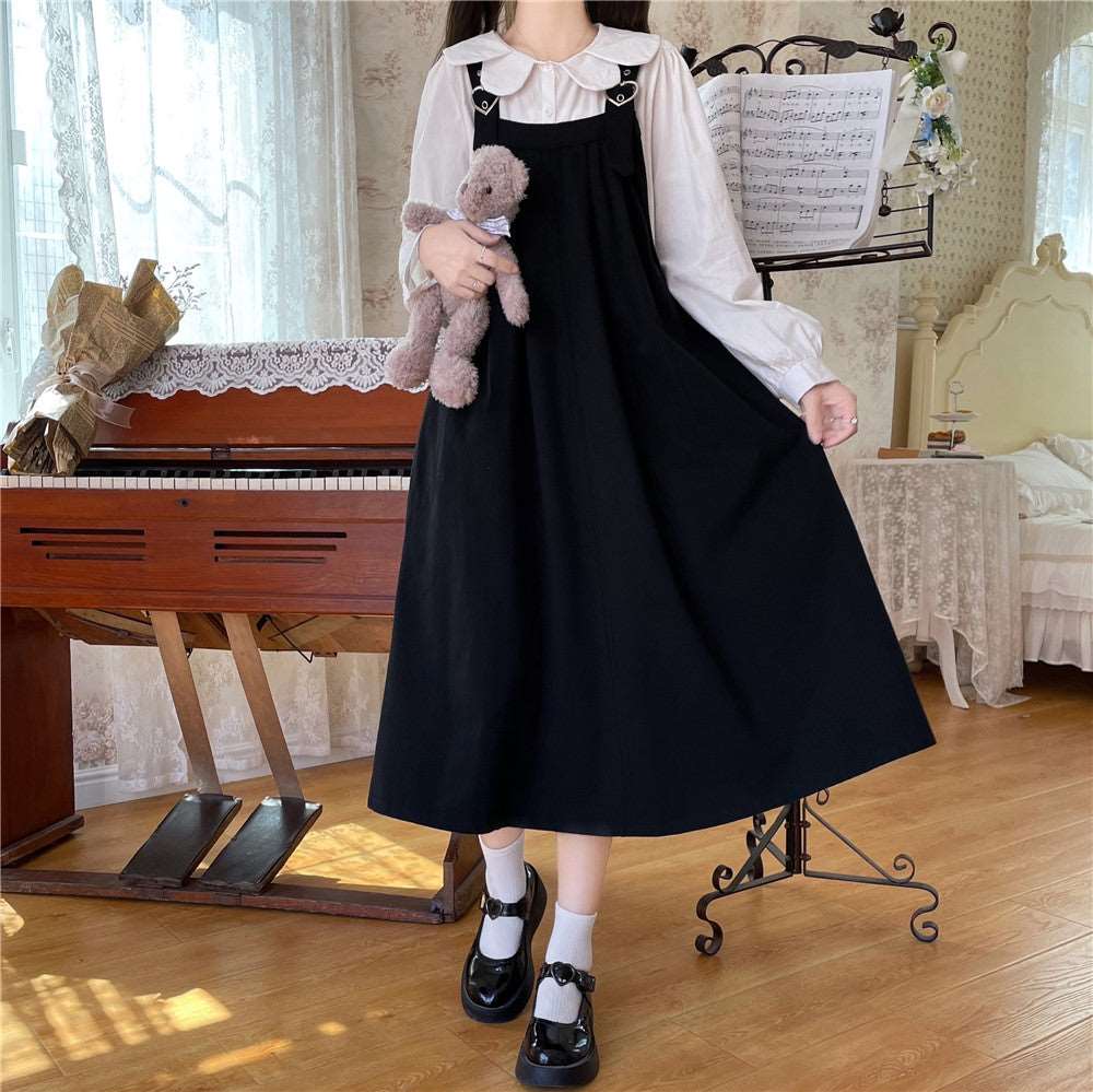 Autumn Mori Girl Heart Navy Blue Black Brown Green Dress Suspender Skirt & White Shirt Blouse Two Piece Set