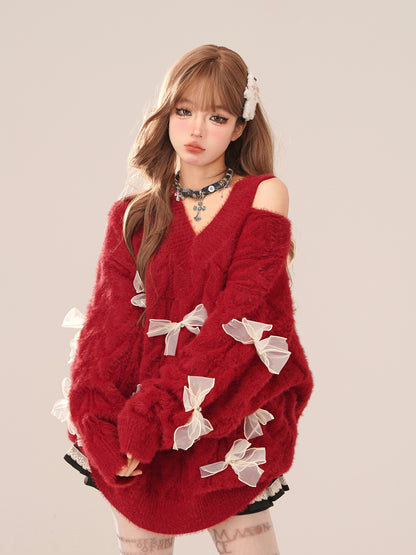 Young Eyes Coquette Bow Fuzzy Knit Red Black Blue V Neck Sweater