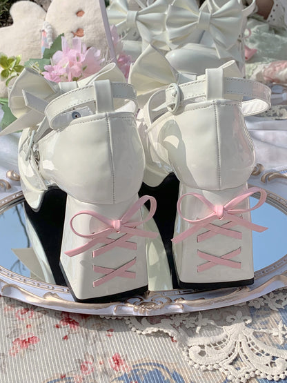 Love Letter Heart Track Lolita Black White Pink Blue Bow High Heels Shoes