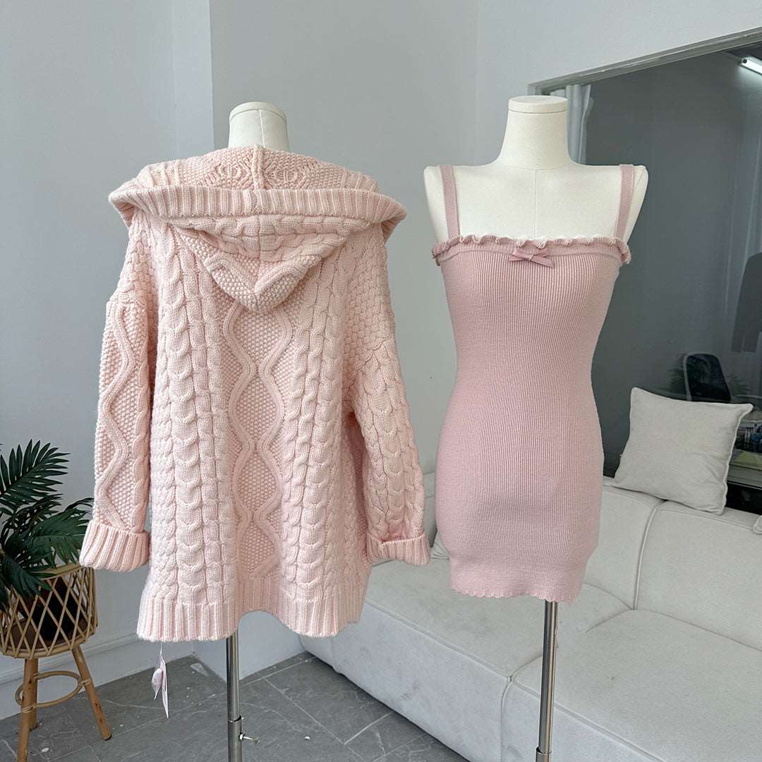 Creamy Sweet Soft Girl Pink Knit Long Cardigan & Strap Dress Two Piece Set