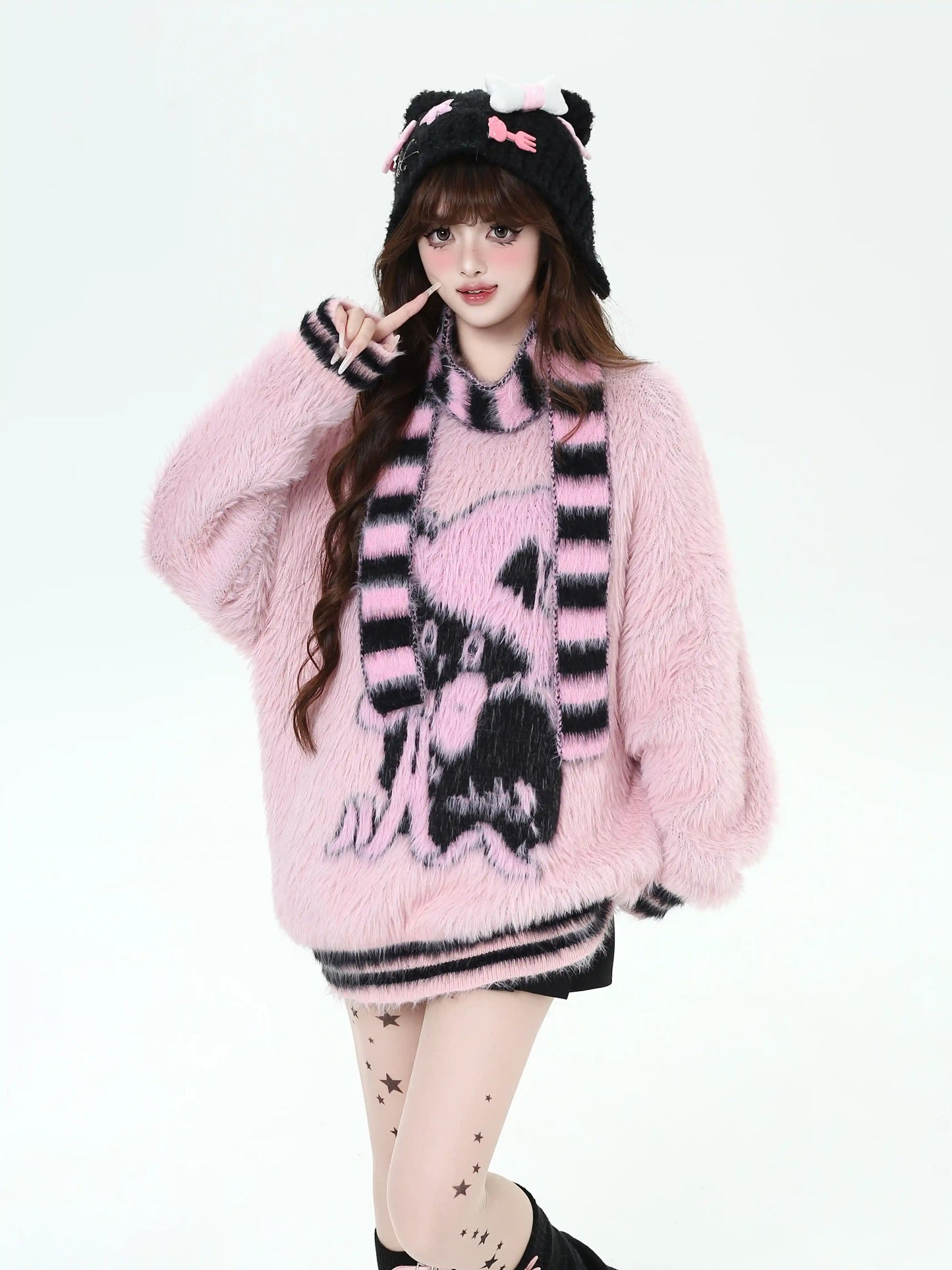 Crazy Girl Cat Witch Black Pink Striped Fuzzy Sweater Scarf