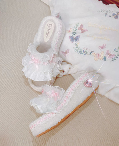 Pinky Sweet Winter White Plush Thick Soles Sandals Slippers Shoes