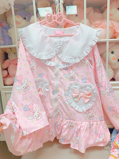 Candy Fairy Cinnamon Dog Cartoon Pink Lace Ruffled Oversize Pajamas Top