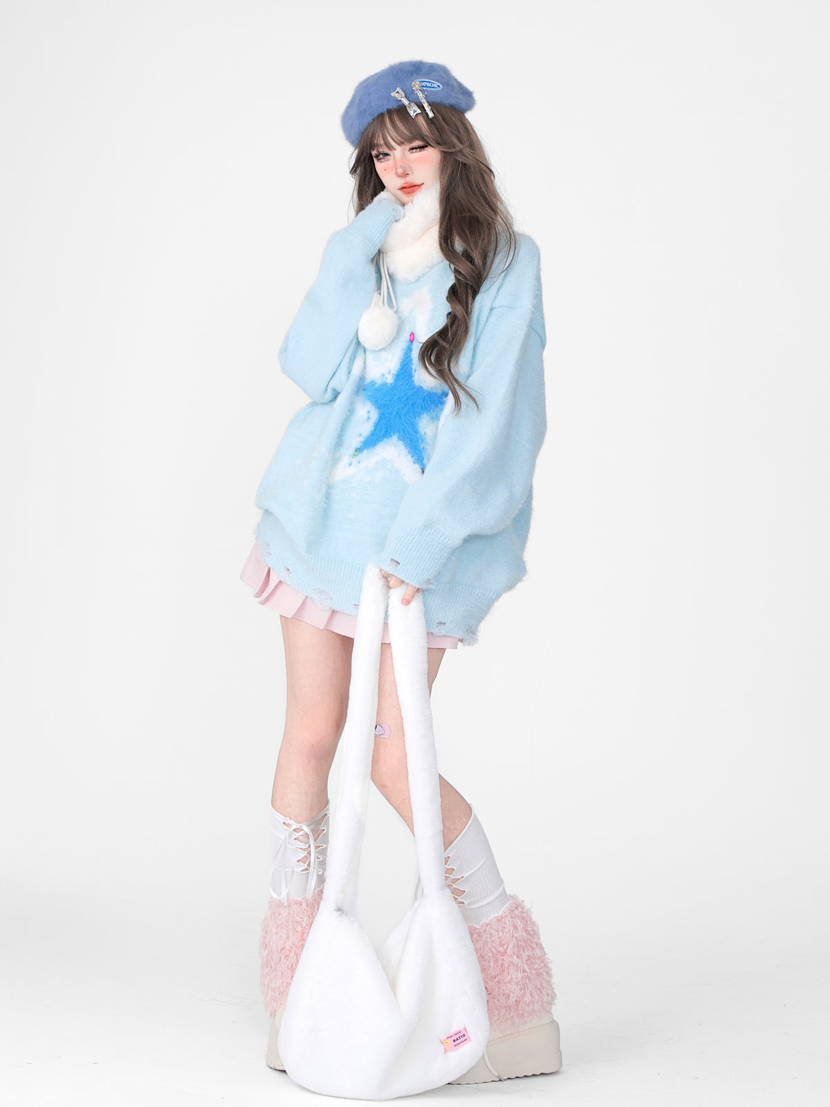 Young Eyes Star Pink Blue Autumn Winter Round Neck Pullover Sweater