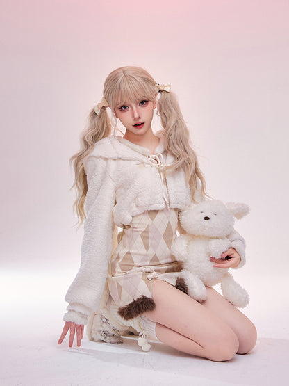 Serendipity Autumn Brown Argyle Long Sleeve Dress & White Rabbit Ears Hooded Jacket Two Piece Set