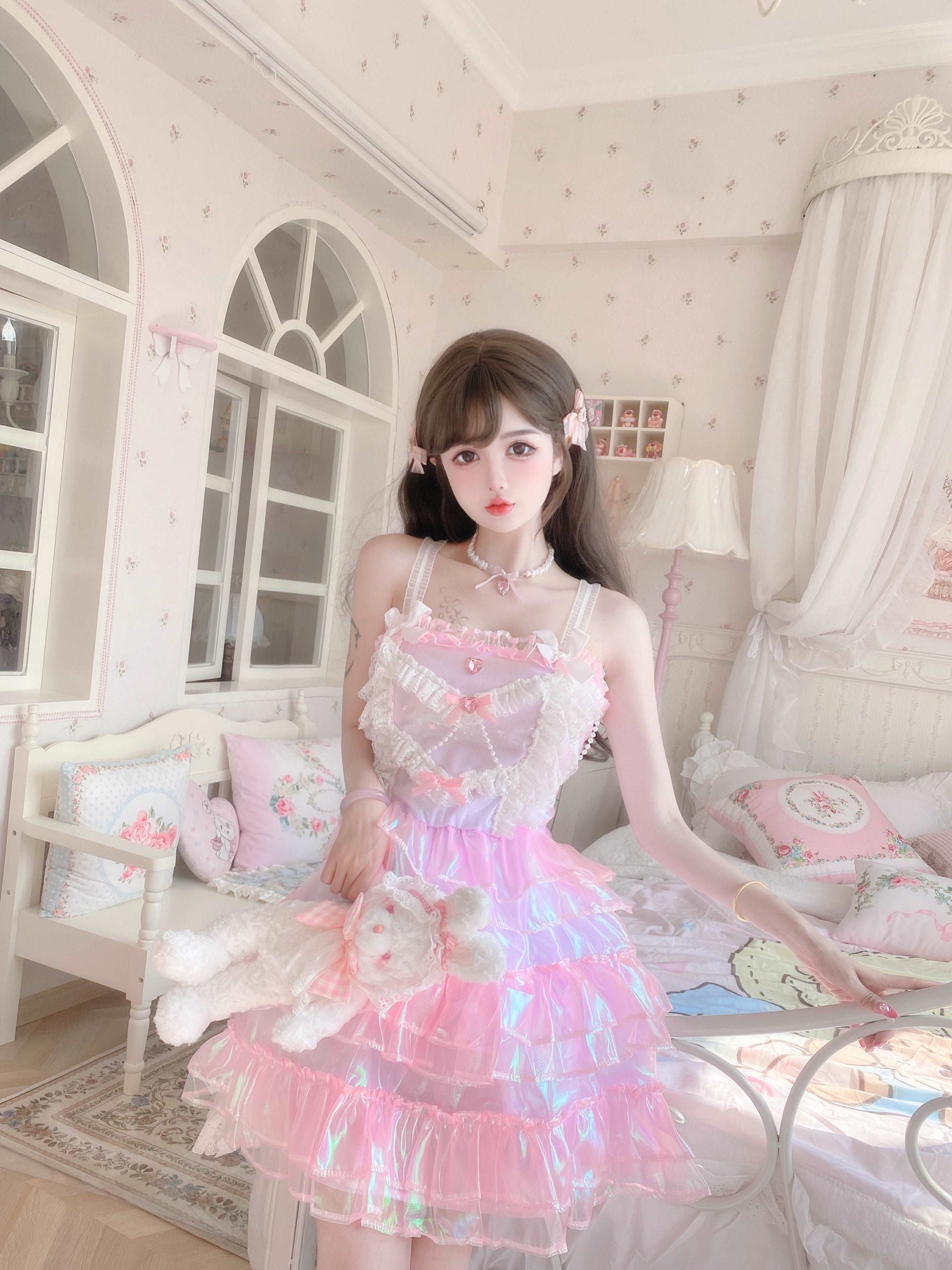 Candy Fairy Sweet Pink Princess Party Sparkling Ruffled Layered Dress