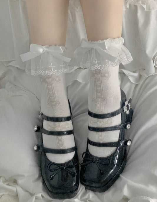 Lolita Cross White Pink Purple Lace Bow Small Socks