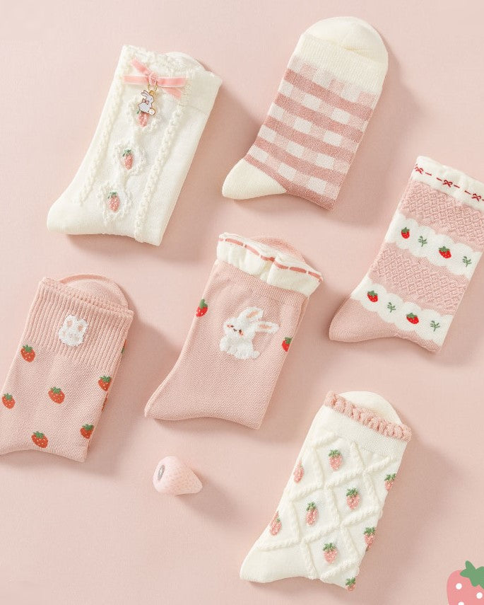 Pink Strawberry Rabbit Cute Cotton Socks 6 Patterns Pairs Sets