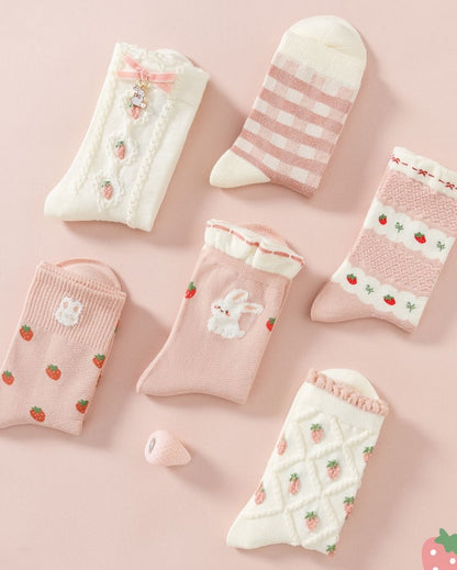 Pink Strawberry Rabbit Cute Cotton Socks 6 Patterns Pairs Sets