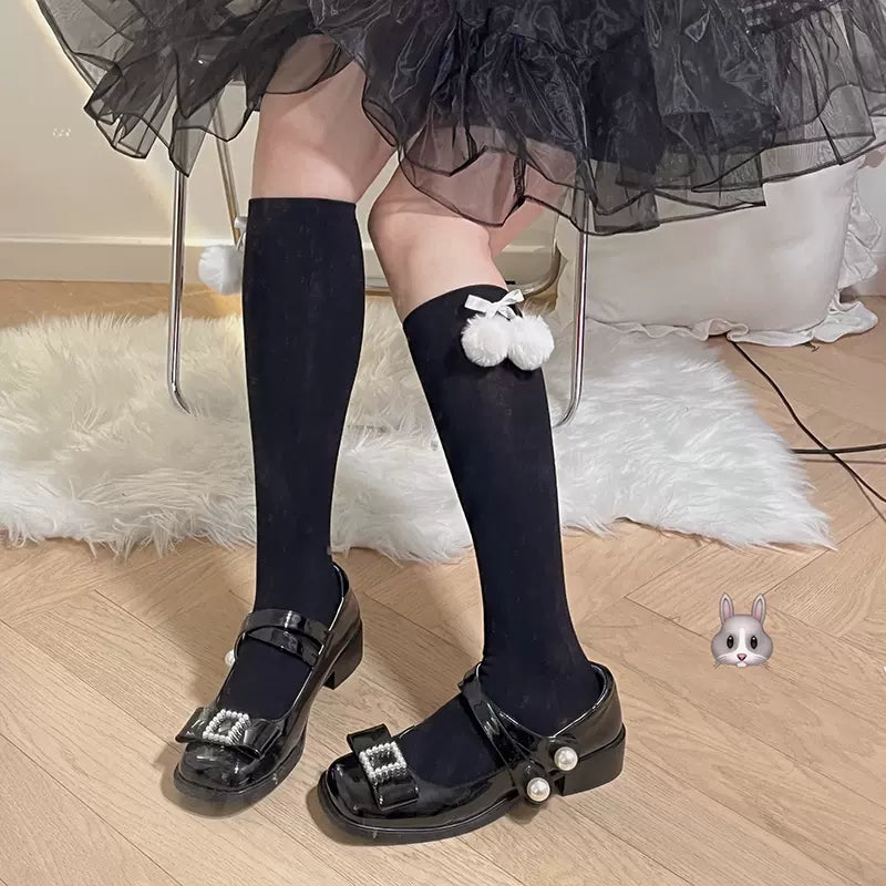 Lolita Victorian Pompom Balls White Black Pink Blue Purple Under The Knee Socks