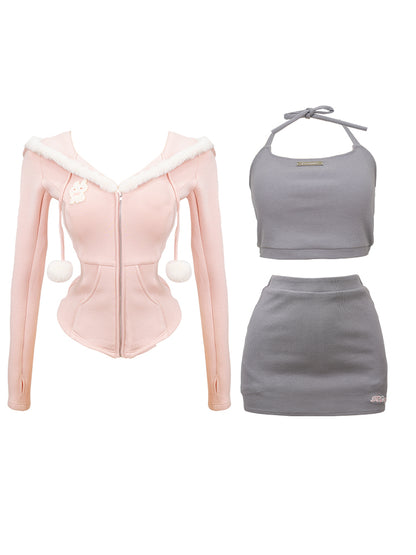 Serendipity Plush Edge Pink Hooded Jacket & Gray Halter Neck Tank Top & Mini Skirt Three Piece Set