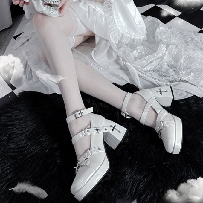 Walpurgis Night Cross Strap Egl Square Toe High Heels Platform Shoes