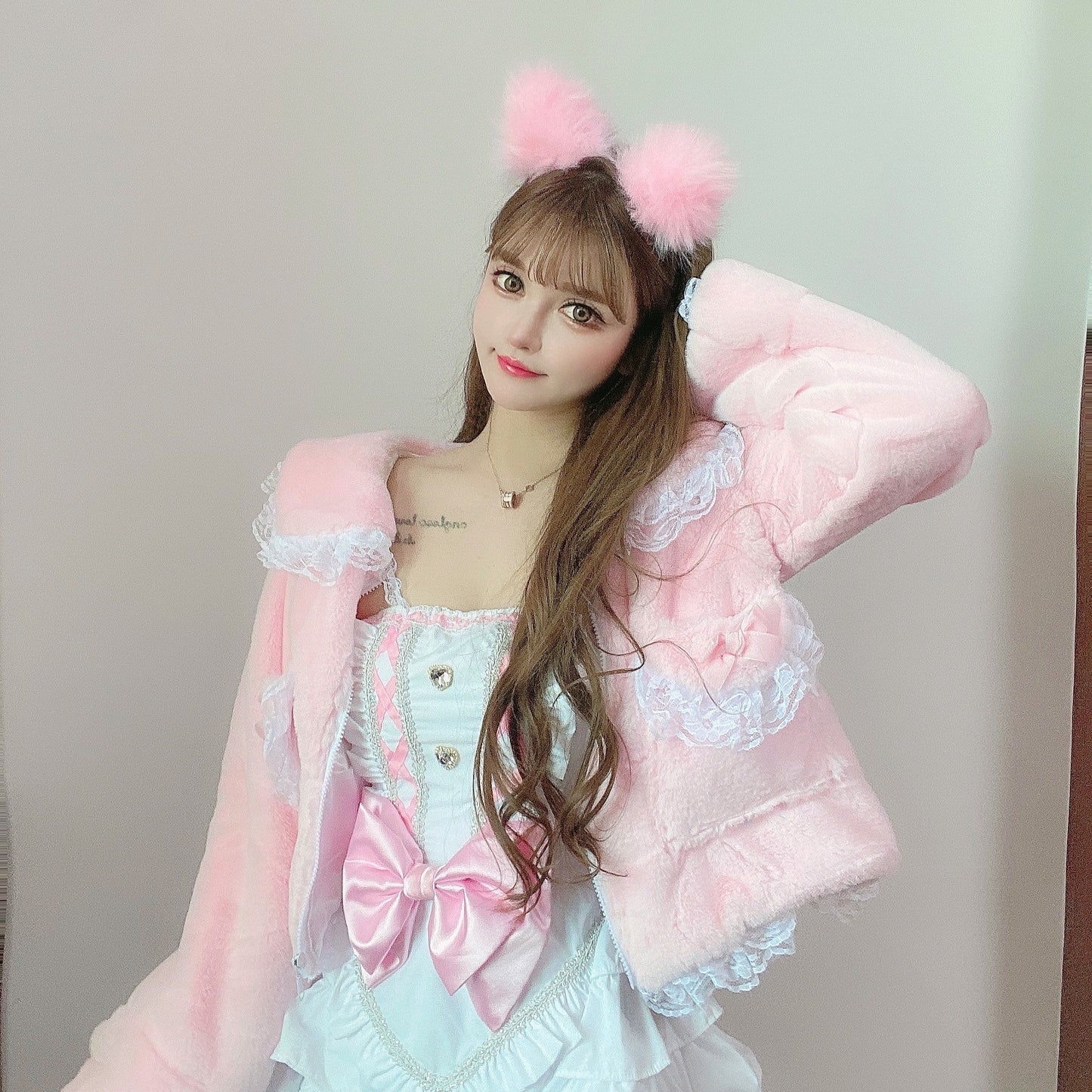 Candy Fairy Pink Plush Faux Rabbit Fur Pastel Pink Bow Lace Winter Jacket